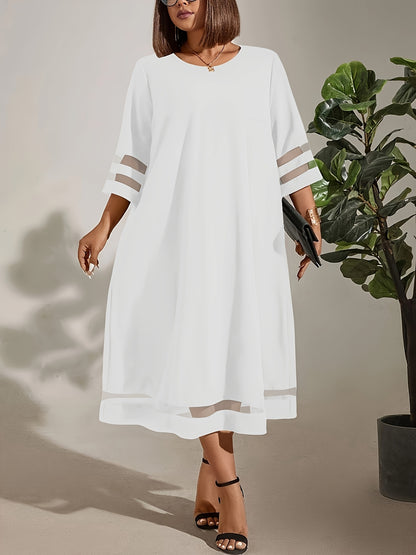 Plus Size, Plus Size Women's Elegant Casual Chic Dress - Breathable Mesh Inserts, Garden Neckline & 3/4 Sleeves, Fitted Solid Color Design for Spring Summer Autumn, Machine Washable, Dress Blouses Elegant, Seasonal Fashion, Flowy Fabric