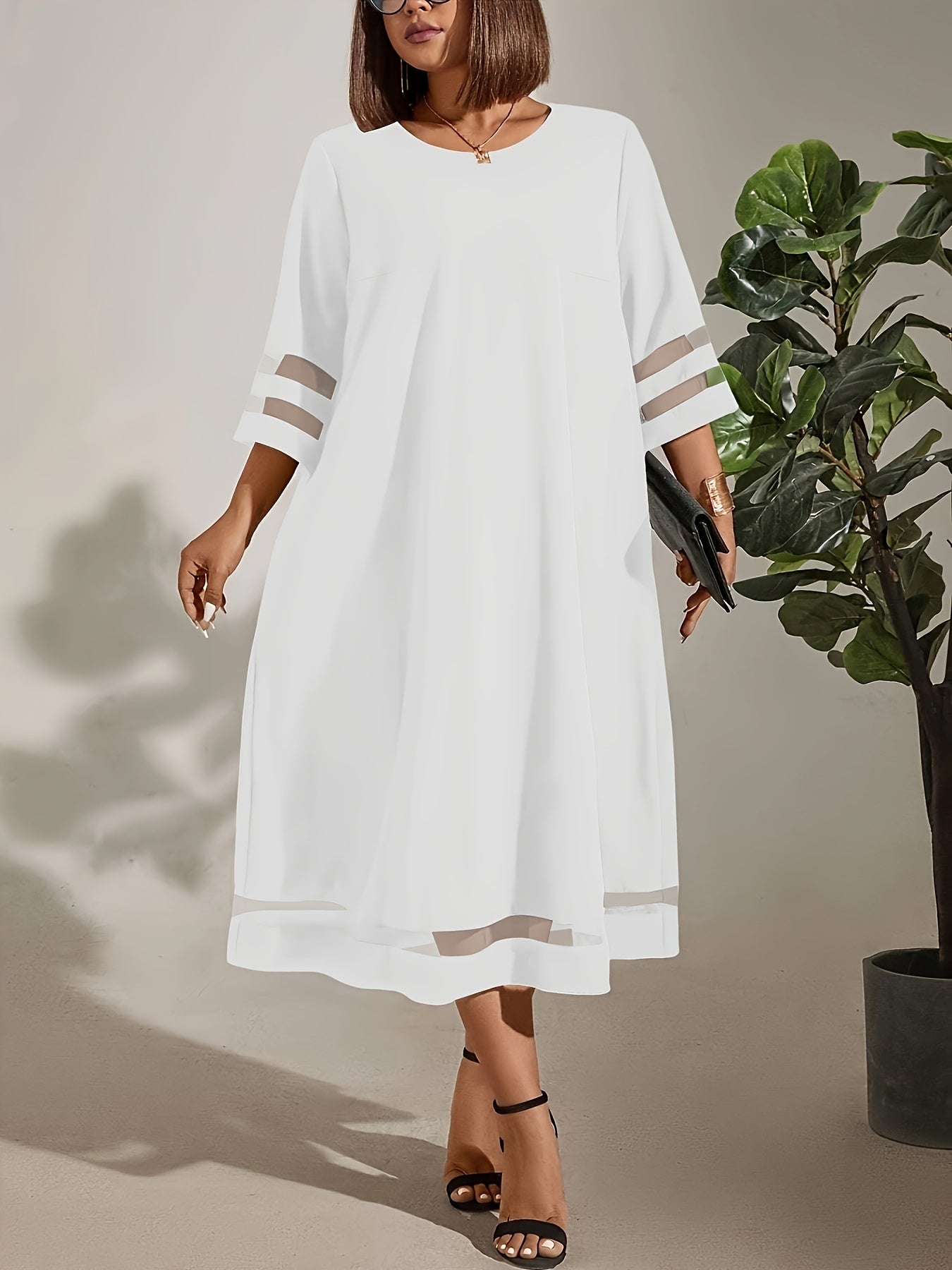Plus Size, Plus Size Women's Elegant Casual Chic Dress - Breathable Mesh Inserts, Garden Neckline & 3/4 Sleeves, Fitted Solid Color Design for Spring Summer Autumn, Machine Washable, Dress Blouses Elegant, Seasonal Fashion, Flowy Fabric