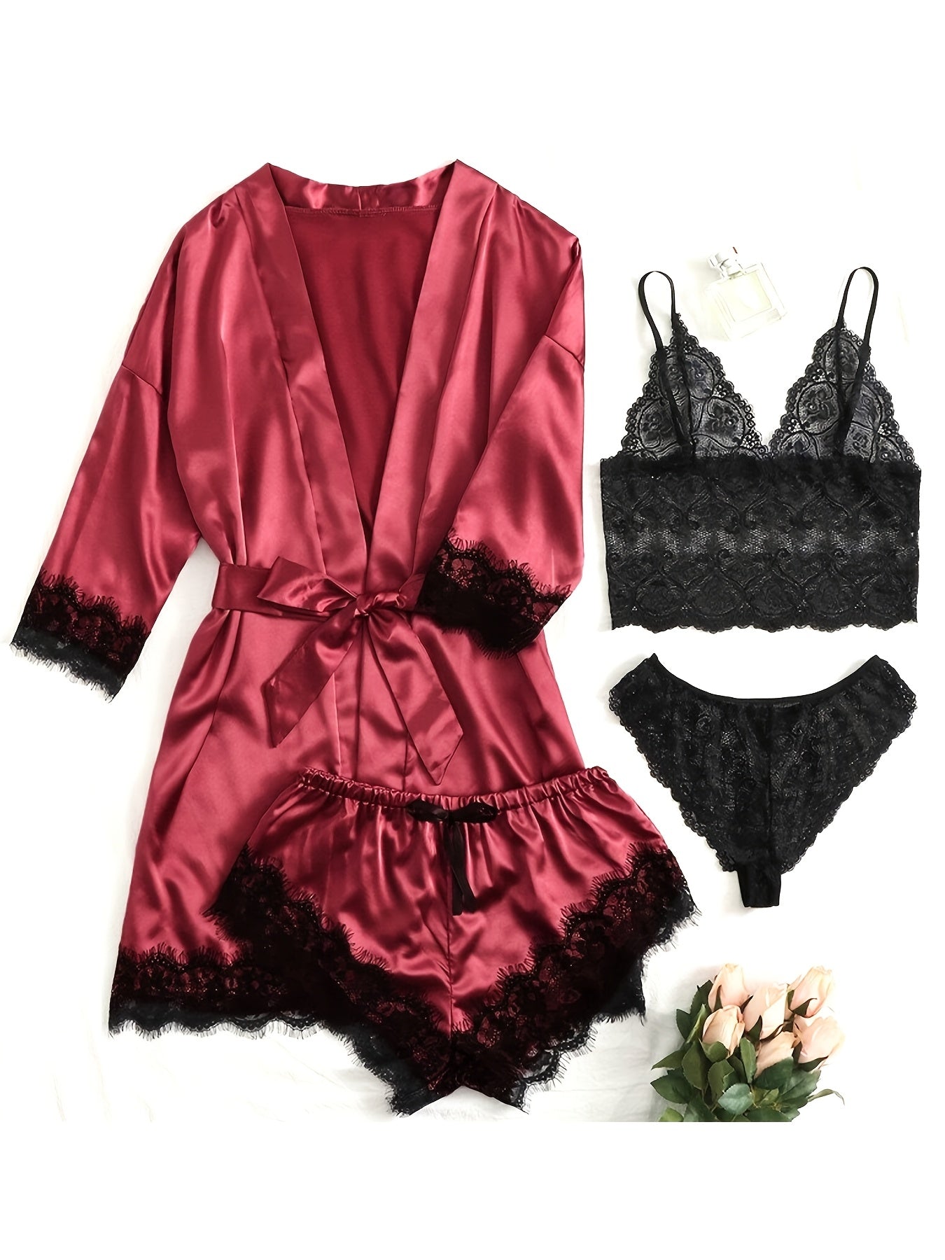 Women's Sleepwear, Home Clothes, Bathrobe 5pcs Set, Multi-color, No Pattern, Sexy, Solid Color, Contrasting Lace, No Lining, Belt, Adult Style, Comfortable and Breathable Fabric, Essential for Lovers to Save Money