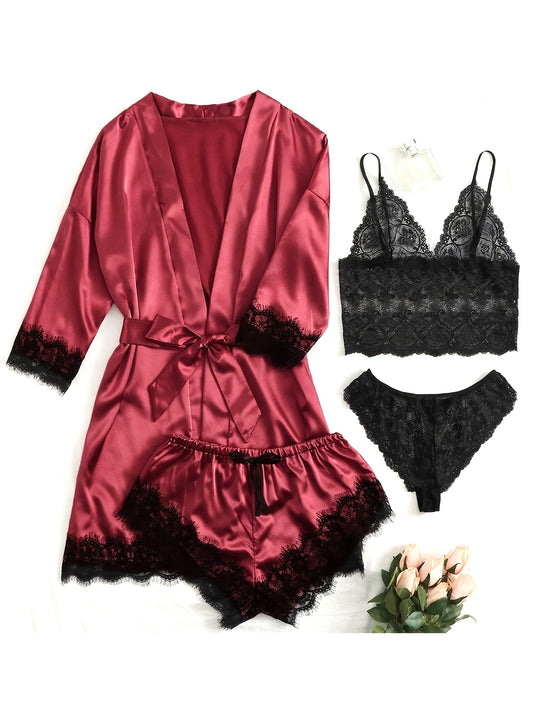 Women's Sleepwear, Home Clothes, Bathrobe 5pcs Set, Multi-color, No Pattern, Sexy, Solid Color, Contrasting Lace, No Lining, Belt, Adult Style, Comfortable and Breathable Fabric, Essential for Lovers to Save Money