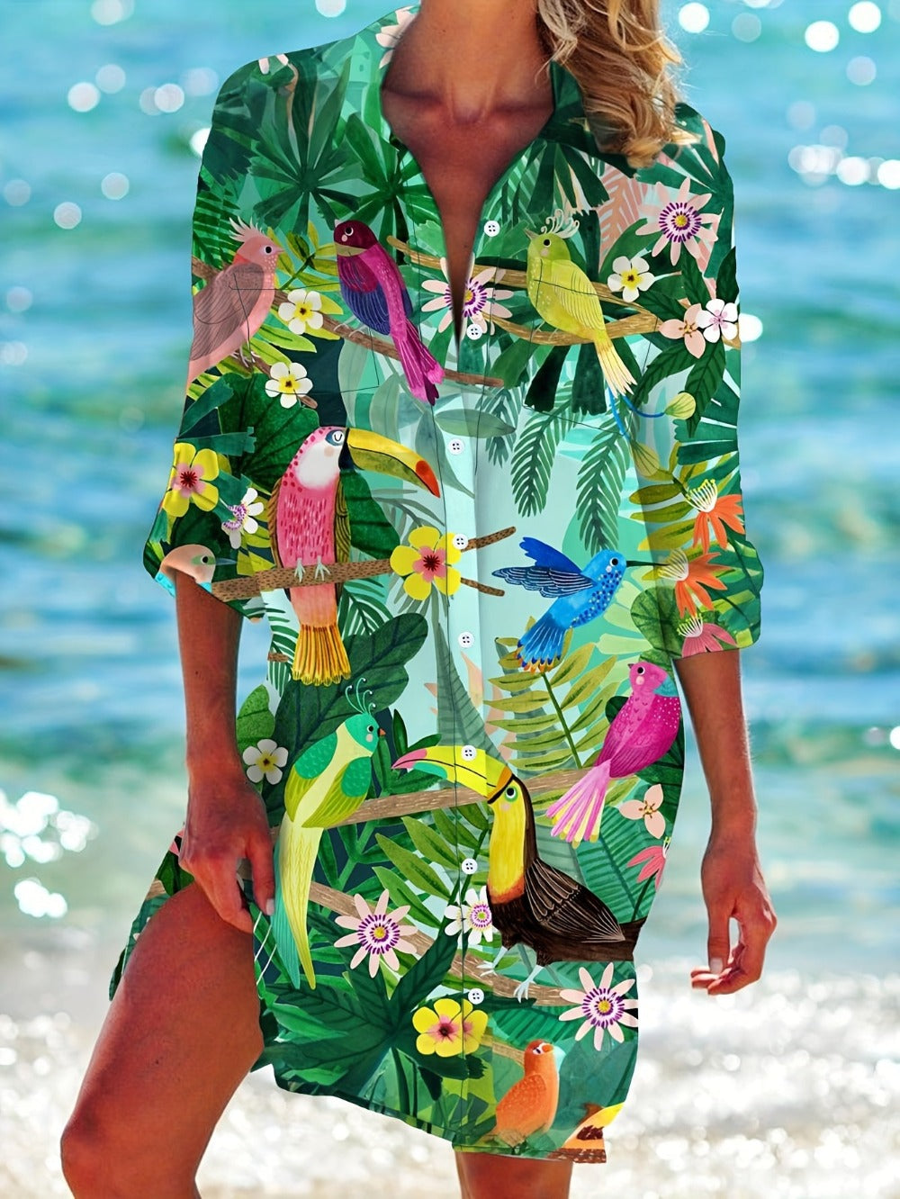 Women's Floral Collared Vacation Dress - Button Front Resort Style