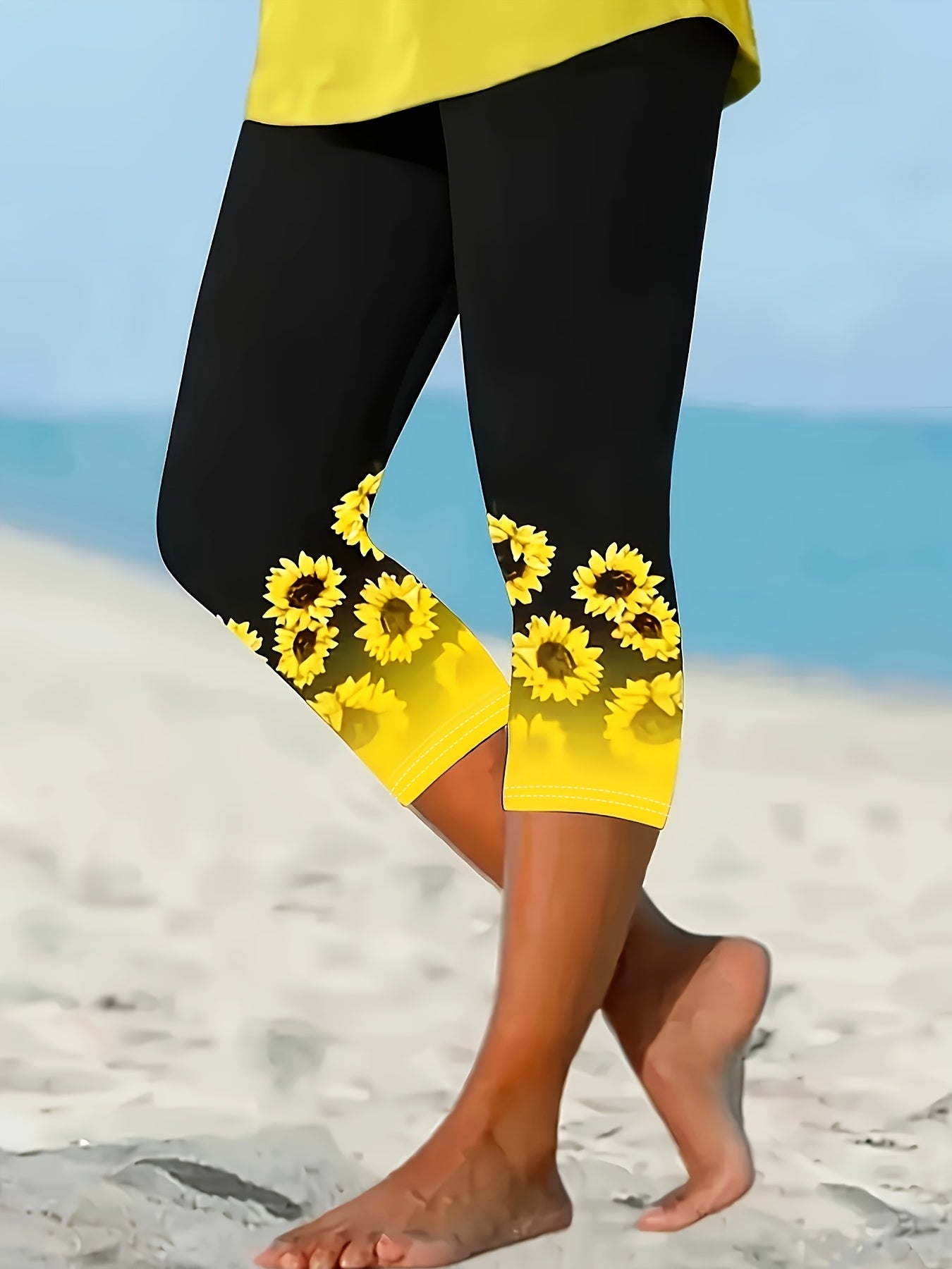 Plus Size - Plus Size - Plus Size Capri Leggings for Women Featuring a Sunflower Print - Stretchy, Slim Fit, Mid-Calf Length with an Elastic Waistband And Ankle Straps, Machine Washable