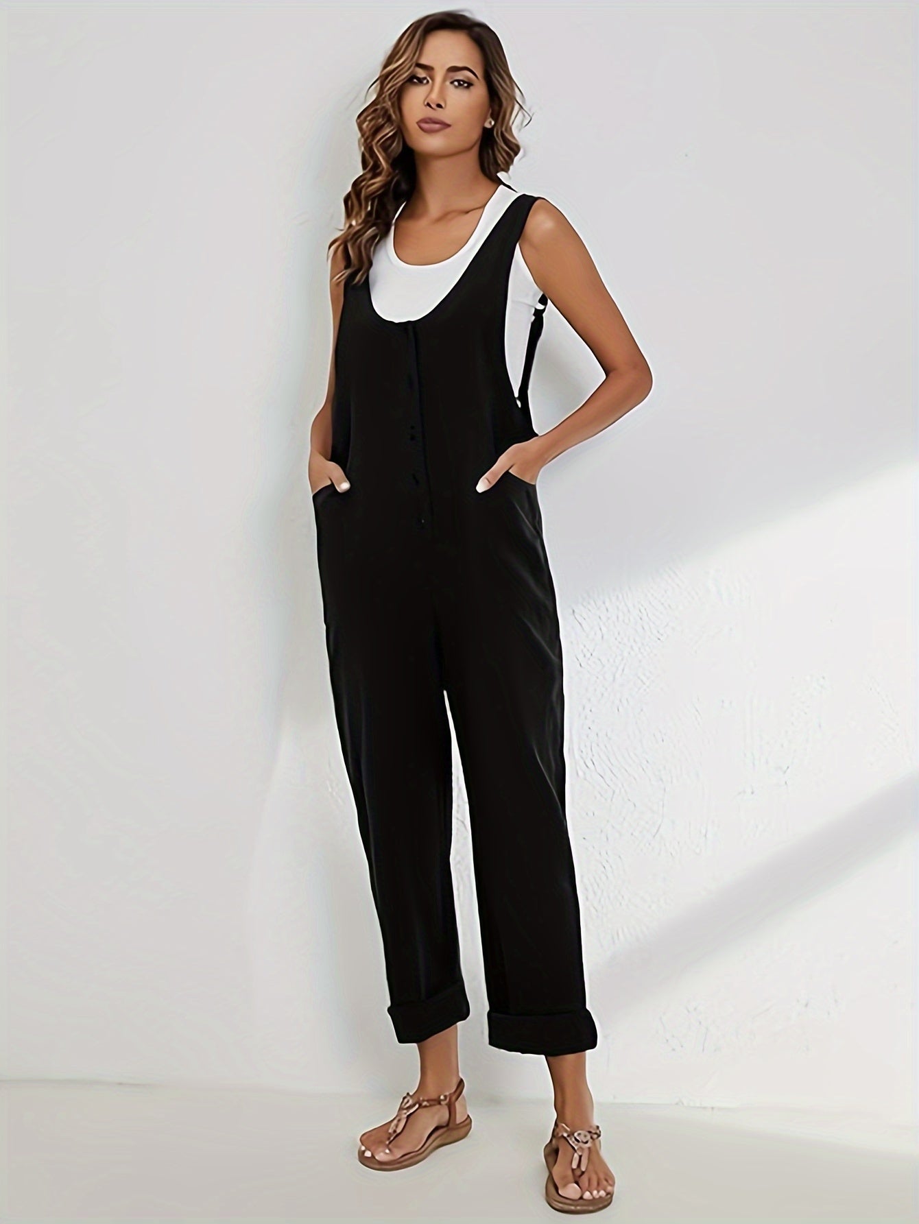 Women'S Overalls Linen Jumpsuits Loose Casual Jumpers with Pockets