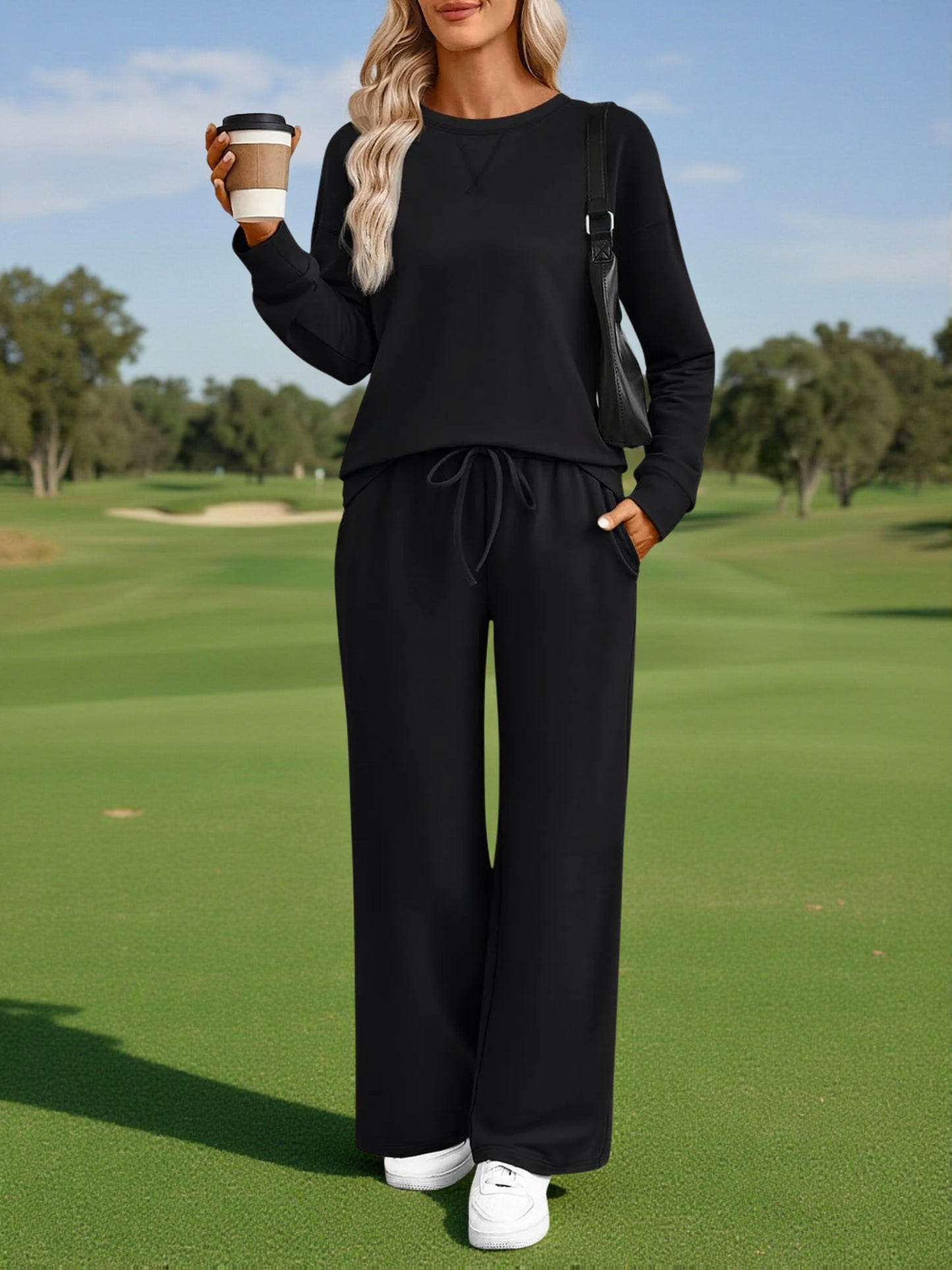 Women's Crew Neck Long Sleeve Top + Wide-leg Pants Two-piece Set | Suitable for Daily Streetwear and Home Leisure. Create a Comfortable and Youthful Look. Minimalist Design, Loose Cut, Showcase Lazy and High-end Style.