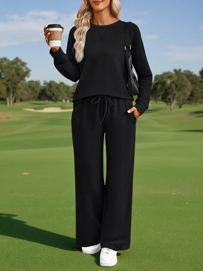 Women's Crew Neck Long Sleeve Top + Wide-leg Pants Two-piece Set | Suitable for Daily Streetwear and Home Leisure. Create a Comfortable and Youthful Look. Minimalist Design, Loose Cut, Showcase Lazy and High-end Style.