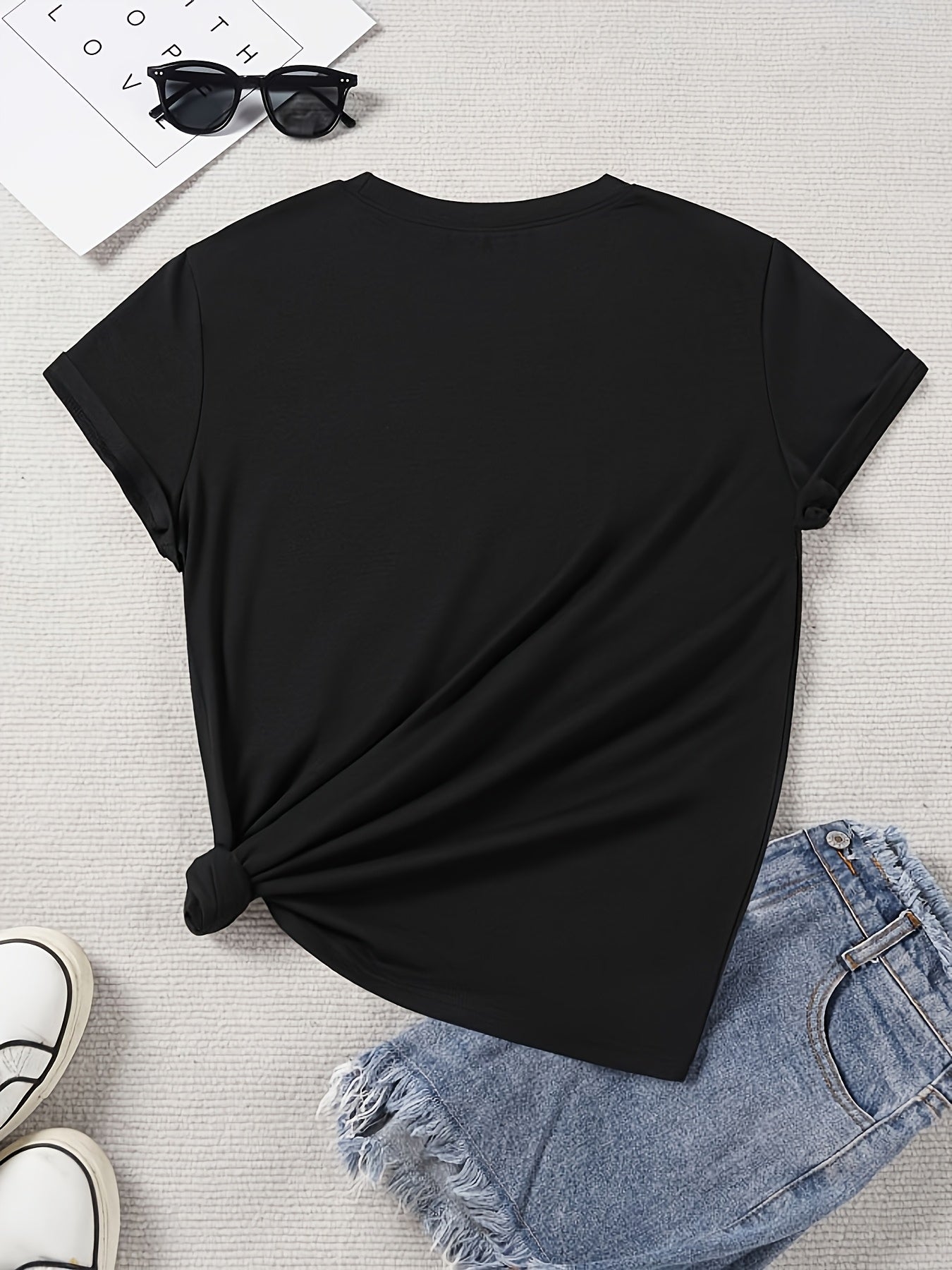 [Printed Pants - Not Denim Fabric]1pc Women'S Imitation Denim Heart And Diamond Pattern Round Neck Short Sleeve T-Shirt, Women'S Casual Fashion Top, Fashion Women'S Clothing, Holiday Gift, Birthday Gift