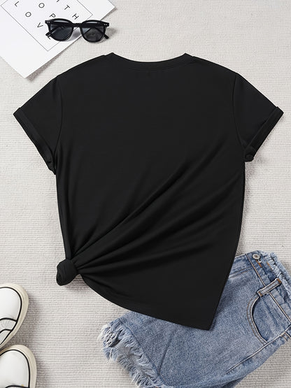 [Printed Pants - Not Denim Fabric]1pc Women'S Imitation Denim Heart And Diamond Pattern Round Neck Short Sleeve T-Shirt, Women'S Casual Fashion Top, Fashion Women'S Clothing, Holiday Gift, Birthday Gift