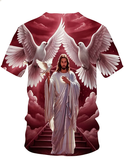 Jesus Christ With Doves And Heavenly Stairs Religious Christian T-Shirt For Men Full Print Design Faith Inspired Apparel, Plus Size
