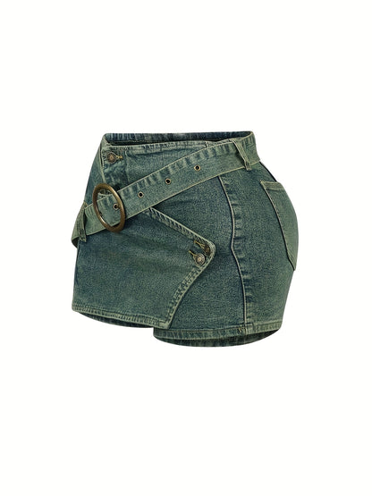 Casual Y2K Mini Skirt with a High Waist And Denim Buckle Belt, Perfect for Parties And Clubs
