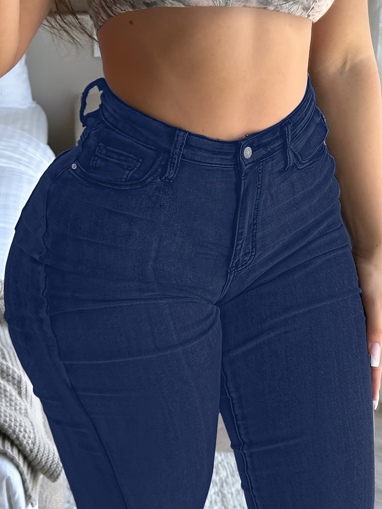 Women'S High Stretch Flare Zipper Jeans - Solid Color Street Style with Pockets, Four Seasons Comfortable Machine Washable Fabric, Functional Fashion Design, Comfortable Fit