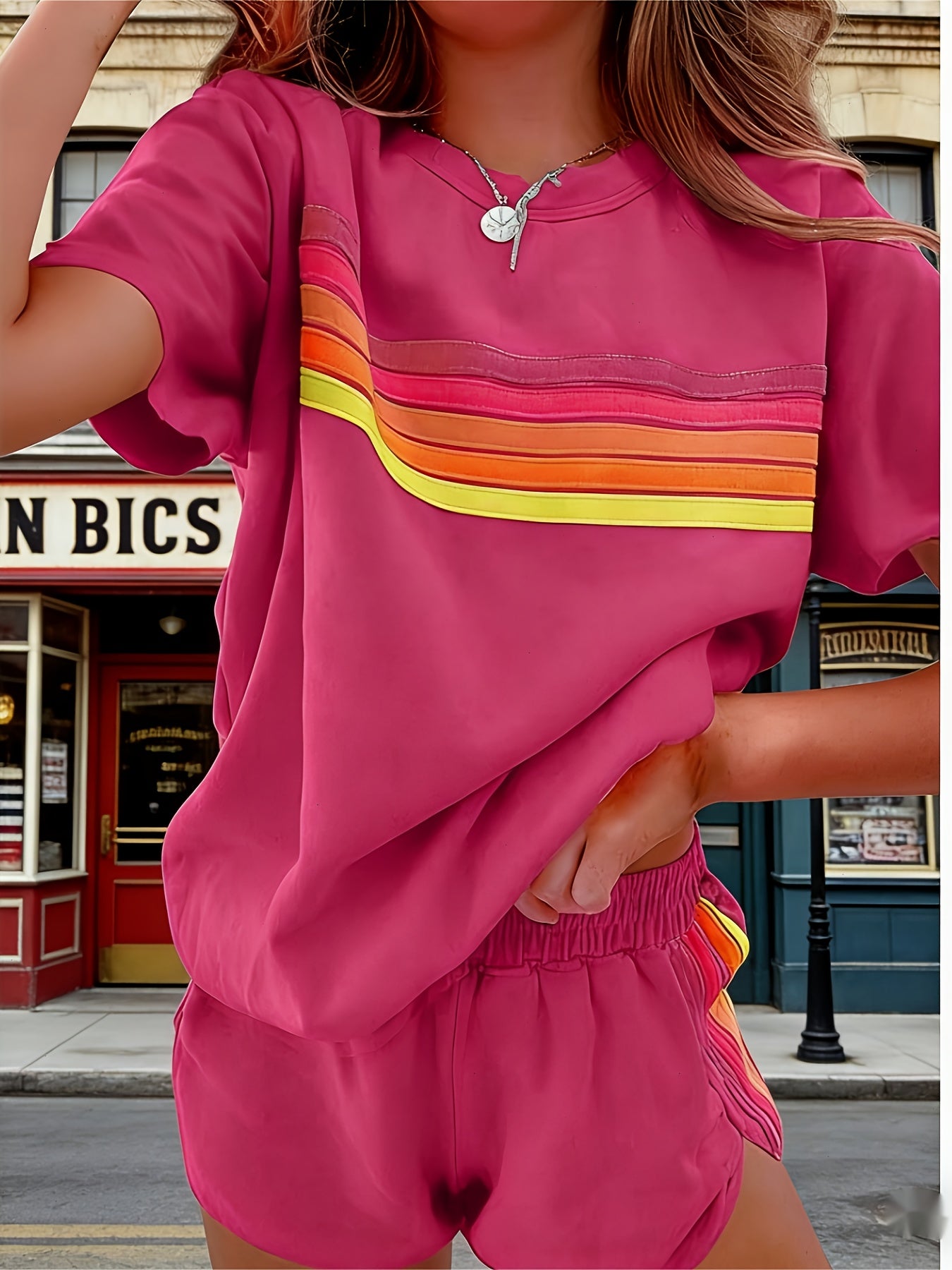 2pcs Set Elevate Your Style with Our Chic Color-Block Shorts Set in White, Blue, Pink, Or Light Brown