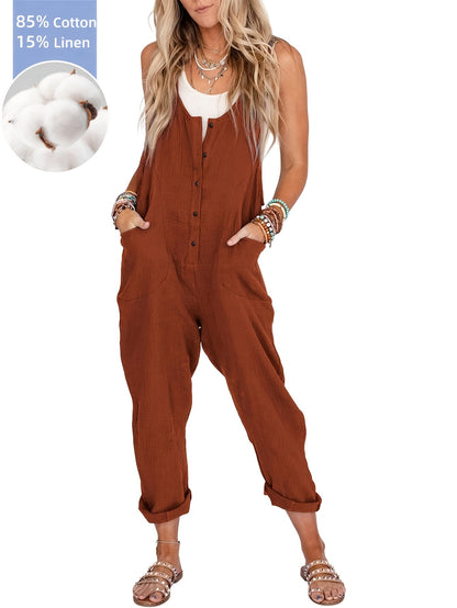Women'S Overalls Linen Jumpsuits Loose Casual Jumpers with Pockets