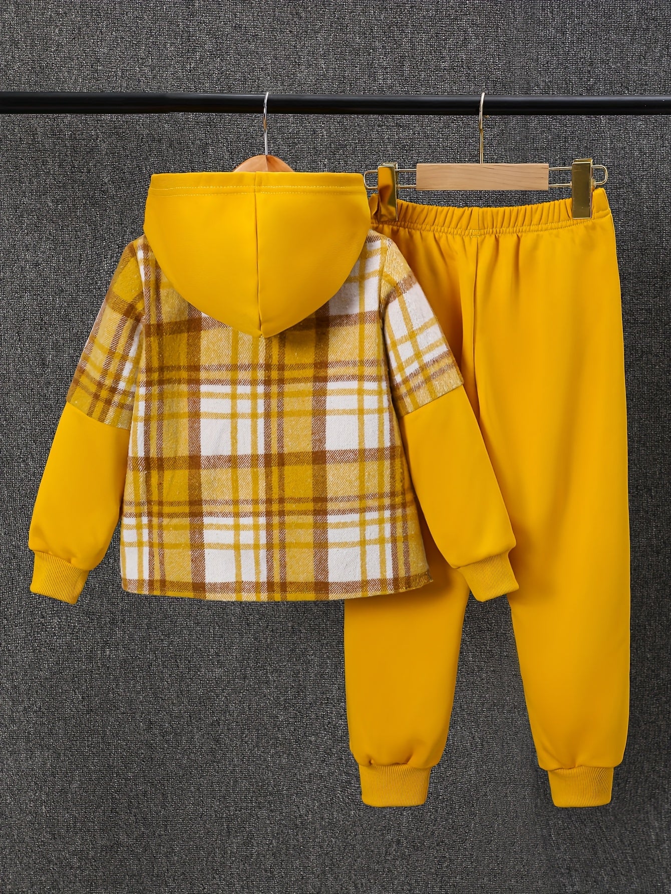 2pcs, Autumn And Winter New Boys' Long-Sleeve Plaid Cardigan Suit Boys' Puff Hooded Jacket Boys' Fashion Work Pants, for Outdoor