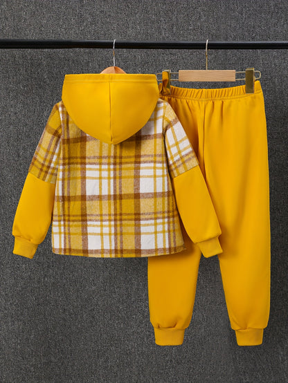 2pcs, Autumn And Winter New Boys' Long-Sleeve Plaid Cardigan Suit Boys' Puff Hooded Jacket Boys' Fashion Work Pants, for Outdoor