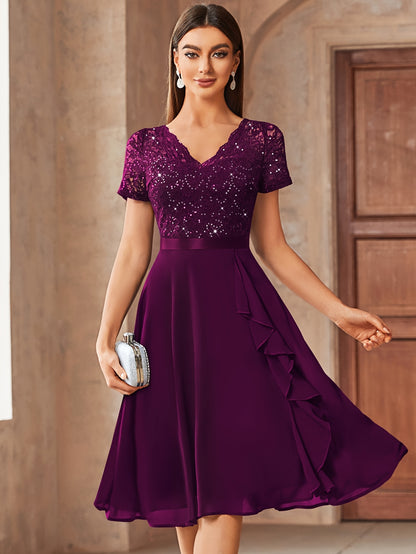 24224 Elegant Womens Sequin Lace Chiffon A Line Bridesmaid Dress, V Neck Short Sleeves, Ruched Ruffle Hem, Perfect for Graduation Season, Wedding Season, Summer Wedding Guest, Evening Party, Cruise Party And Birthday Celebration