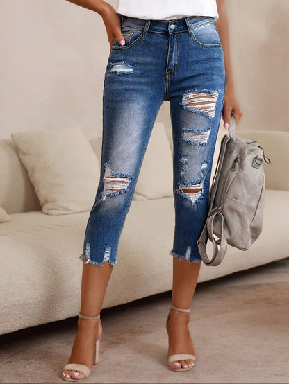 Women's High-Waisted Stretch Denim Capri Pants - Mid-Rise Slim Fit Straight-Leg Ripped Jeans with Distressed Details, Machine Washable Streetwear Style for All-Season Casual Wear