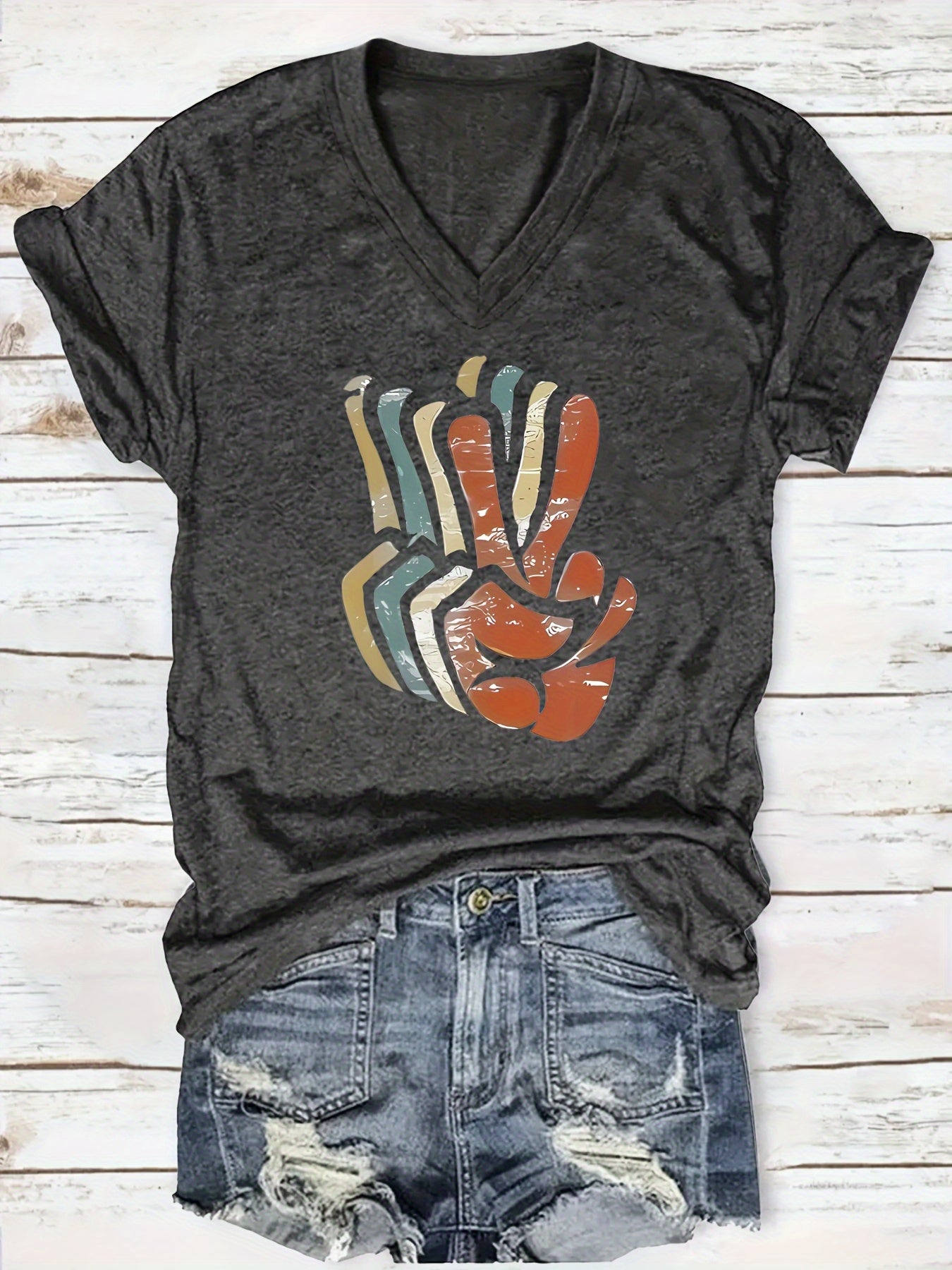 Women's Dark Gray Printed V-Neck T-Shirt - product view 7