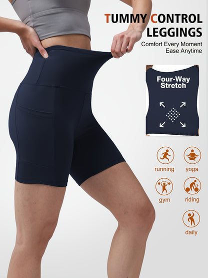 1pc Women's High-Waisted Yoga Shorts with Tummy Control & Pockets - Breathable Workout Gym Shorts, Tight-Fitting Low-Rise Athletic Pants for Summer, Gymnastics, Training (Black/Grey/Navy/Pink/ Brown) - Non-See-Through Quick-Dry