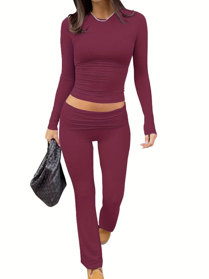 Casual Two Piece Outfits Long Sleeve High Waist Fold-Over Flare Flared Leggings Pants Sets Streetwear