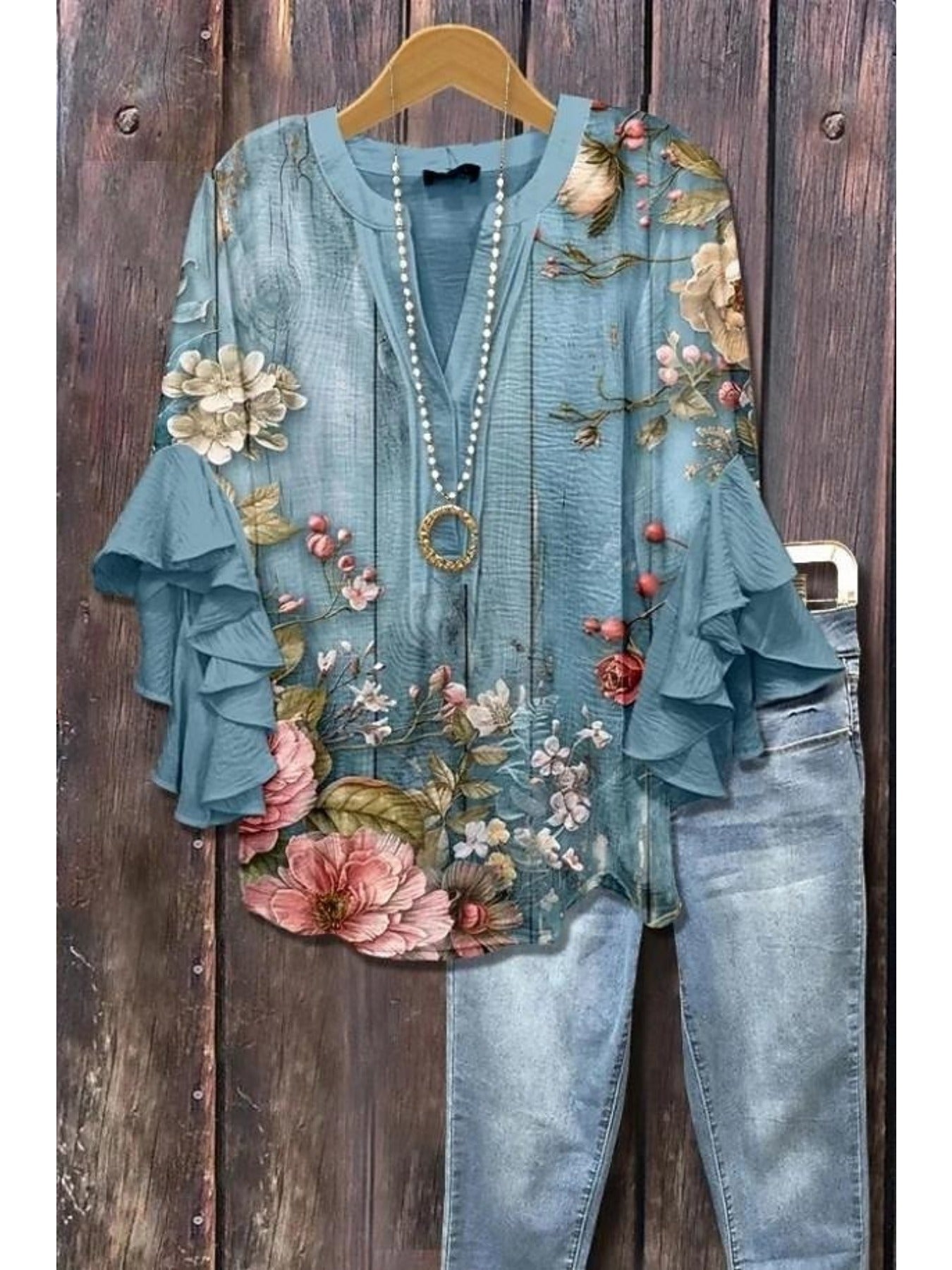 [Holiday Tops] Women's Blouse Ruffle Print Paisley Stylish Modern 3/4 Length Sleeve V Neck Regular Tops Daily Holiday Blue Black Wine Khaki Summer