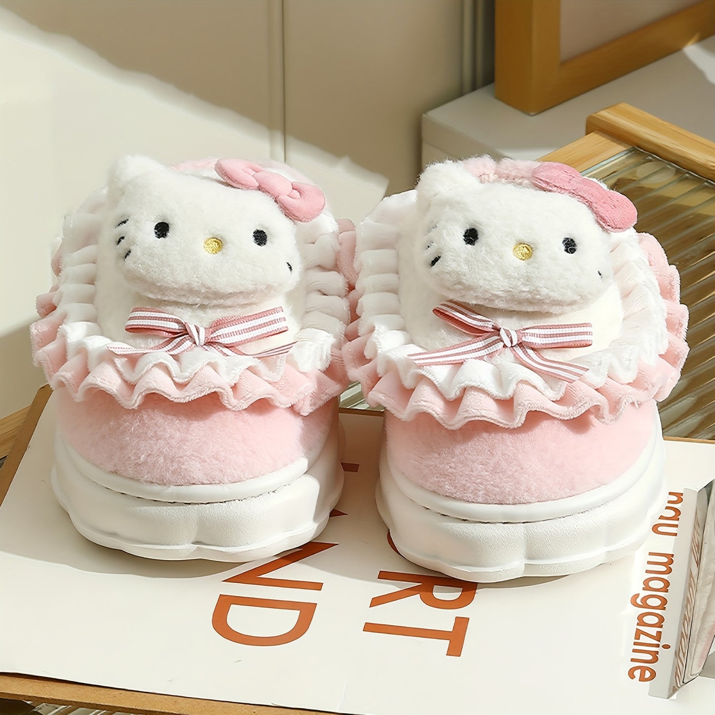 [Valentine's Day Gifts] Kawaii Hello Kitty Plush Slippers - Cute Y2K Cartoon Clothing Shoes with Non-Slip PVC Sole, Soft Padded & Hello Kitty Face/Hands for - Indoor/Bedroom Wear (Size Up for), Valentine's Day Gifts, Women Shoes