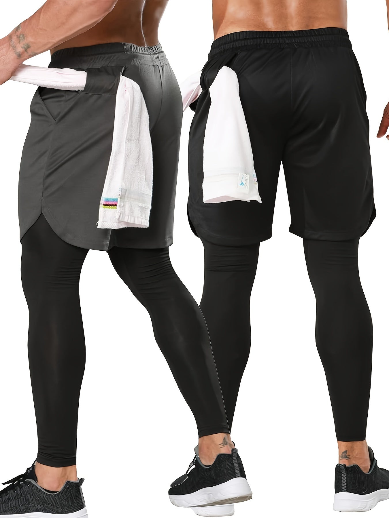 Set of 2 Men'S 2-In-1 Running And Workout Pants Designed for Gym Use, Featuring a Towel Loop