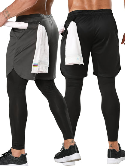 Set of 2 Men'S 2-In-1 Running And Workout Pants Designed for Gym Use, Featuring a Towel Loop