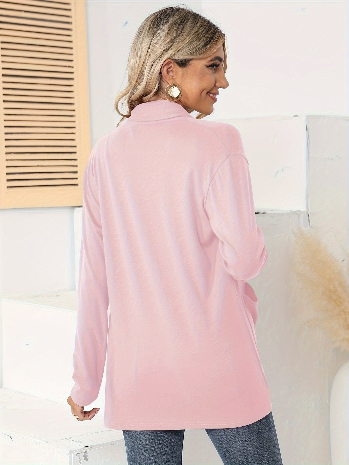 Spring And Autumn Women'S New Casual Solid Color Open Placket Double Pocket Design Simple Cardigan Jacket Comfortable Loose Long Sleeve Cardigan
