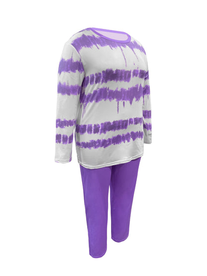 Plus Size - Plus-size Fashion Tie-dye Striped Print Long-sleeved Trousers Suit, Suitable For Going Out