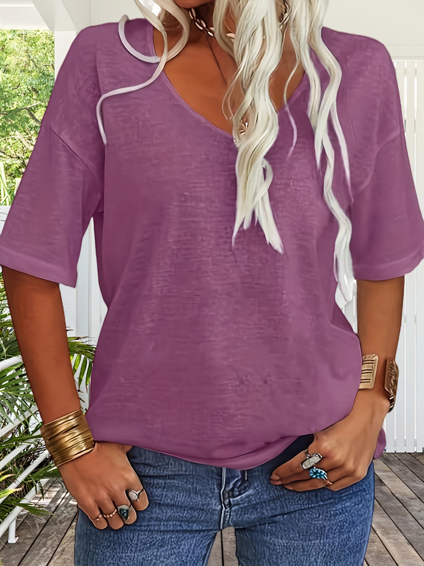 Women Fashion V-neck Half Sleeve T-shirt, Solid Color Casual Loose Basic Top