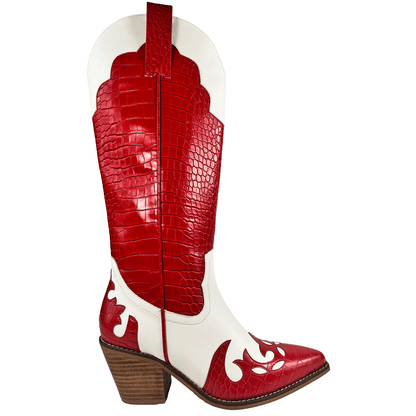 ARiderGirl Pamela Women's Western Cowboy Knee-High Boots Crocodile Printed Chunky Stacked Heel Pointed Toe Boots
