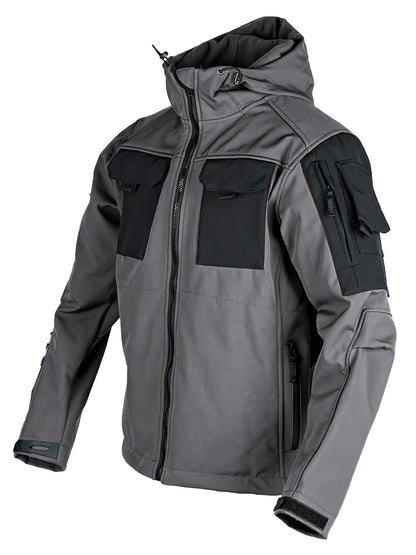 Winter Shark Skin Softshell Hooded Jacket Multi-pocket Tactical Windbreaker for Outdoor Adventures -lined Thermal Fabric Ideal for Snowy Weather and Hiking ExcursionsWinter Shark Skin Softshell Hooded Jacket Multi-pocket Tactical Windbreaker Fo