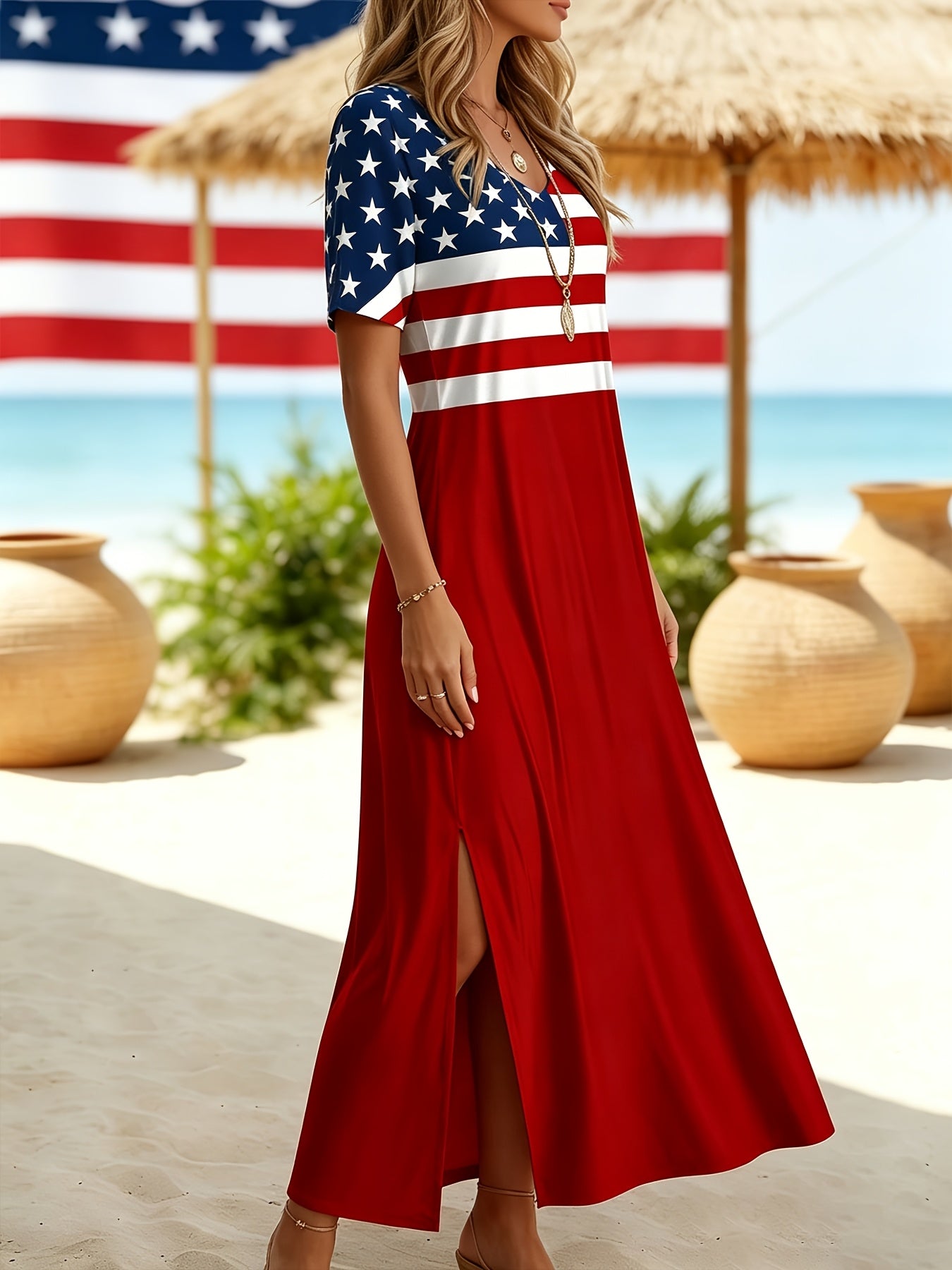 US 250th Anniversary Women's Flag Print Midi Dress | Short Sleeved V Neck, Side Slit Design, Casual Style, Slight Stretch Fabric, Perfect for Spring/Summer