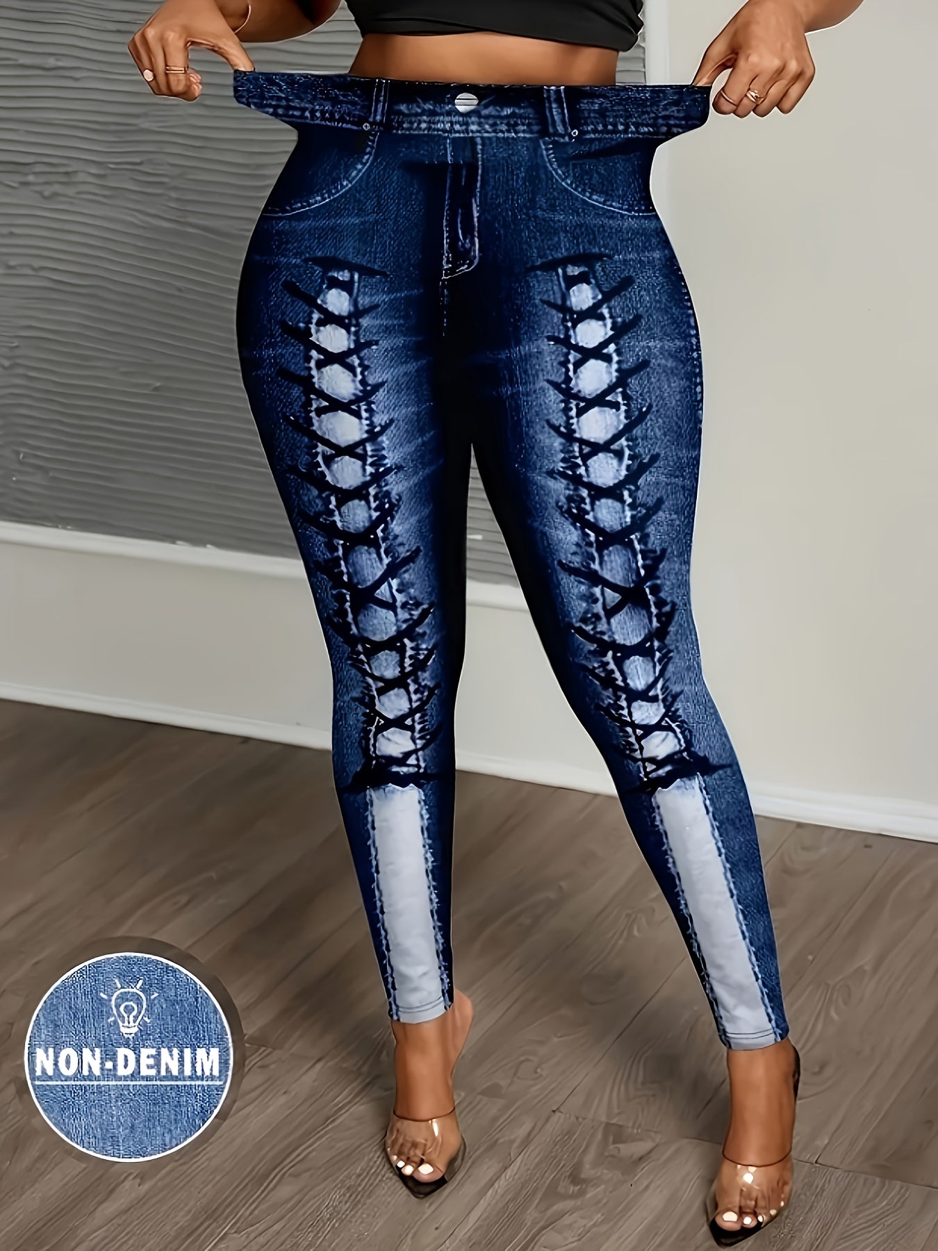 [Printed Pants - Not Denim Fabric]Plus Size - [Printed Pants - Not Denim Fabric]Plus Size - Chic Faux Denim Print Skinny Leggings for Women - Featuring Medium Stretch, Machine Washable for All Seasons