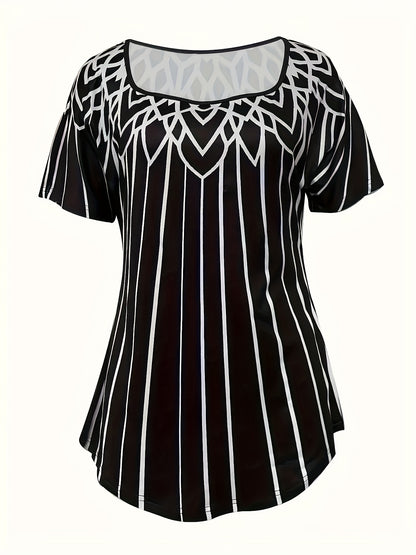 New Summer Printed Striped Short-sleeved Square Collar Casual T-shirt