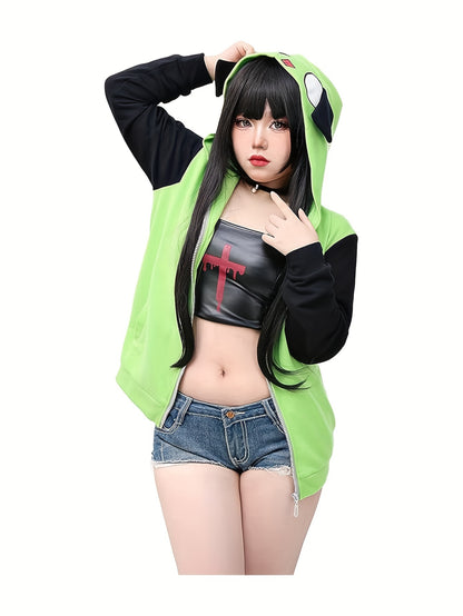 Women Cosplay Hoodie Jacket Green Coat with Ears for Halloween Party