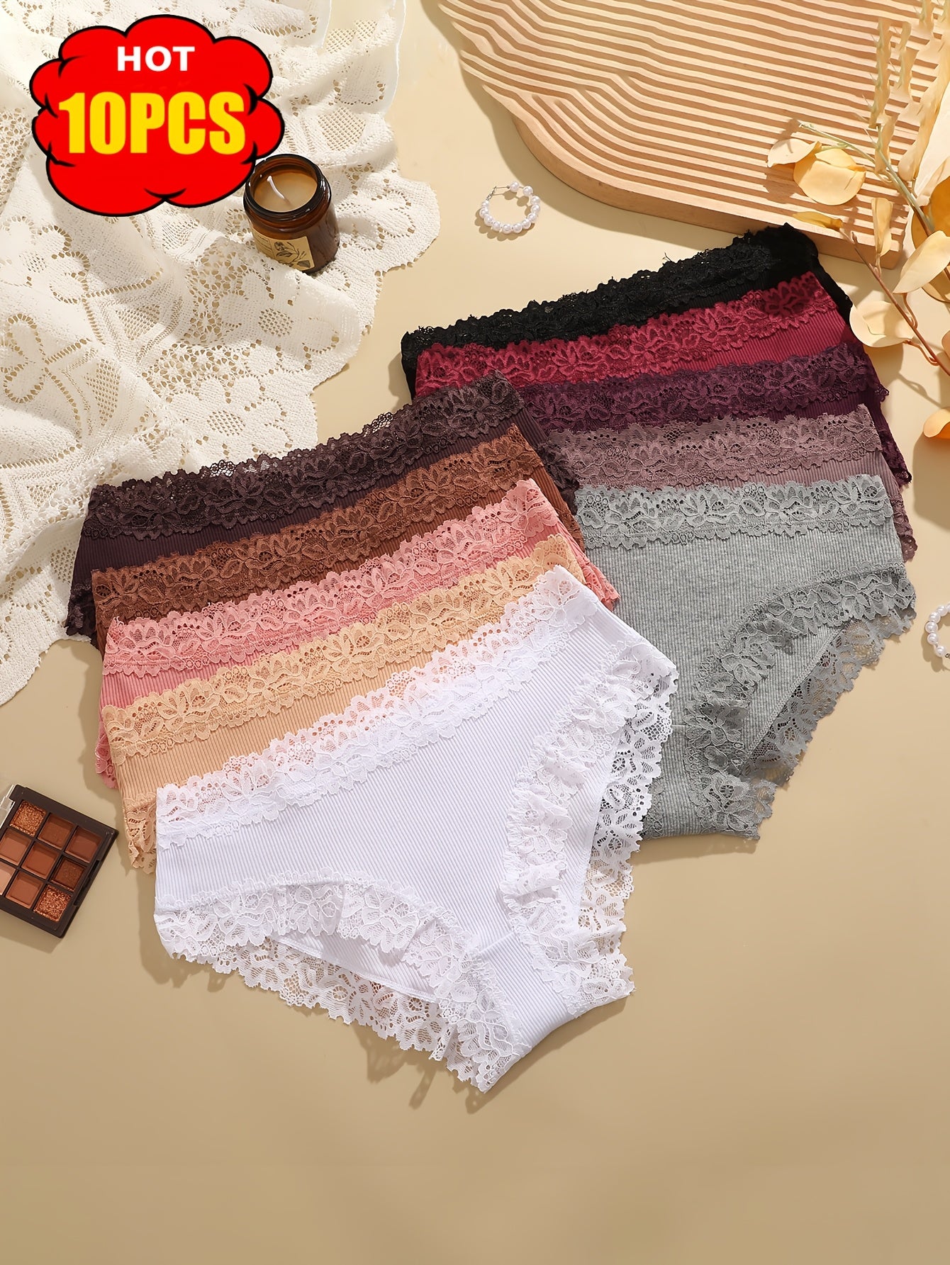 10pcs Lace Lace Solid Color Underwear, Fashionable, Elegant, Comfortable, Breathable And Skin Friendly Underwear, Suitable for Daily Commuting, Women'S Underwear And Underwear