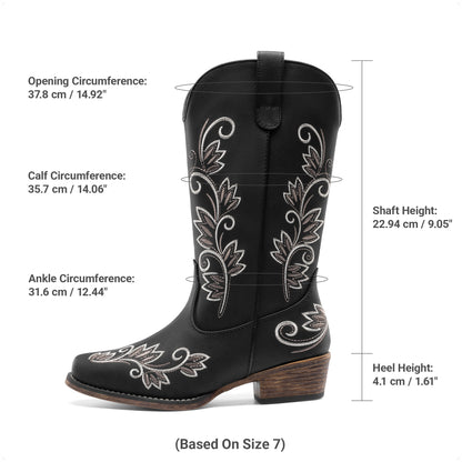 DREAM PAIRS Women's Cowboy Cowgirl Western Mid Calf Boots Square Toe Embroidered Stitched Pull On Country Boots with Low Chunky Heel
