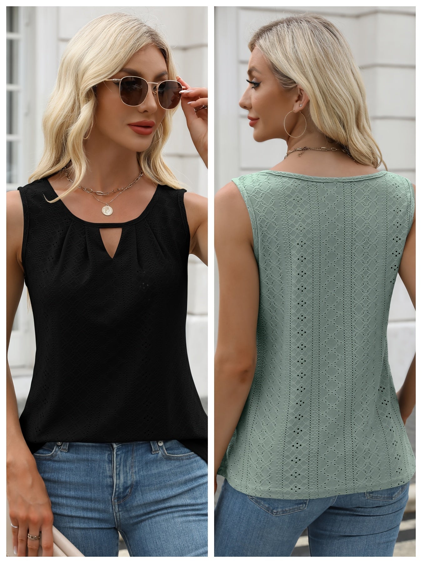 Women's Two-Piece Summer Tank Top Set - Sleeveless Eyelet Embroidery, Loose Fit, Business Casual Tops for Work & Everyday Wear[Women's Two-Piece Summer Tank