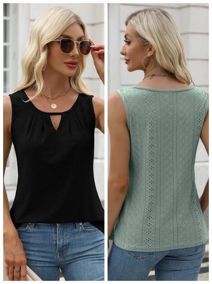 Women's Two-Piece Summer Tank Top Set - Sleeveless Eyelet Embroidery, Loose Fit, Business Casual Tops for Work & Everyday Wear[Women's Two-Piece Summer Tank