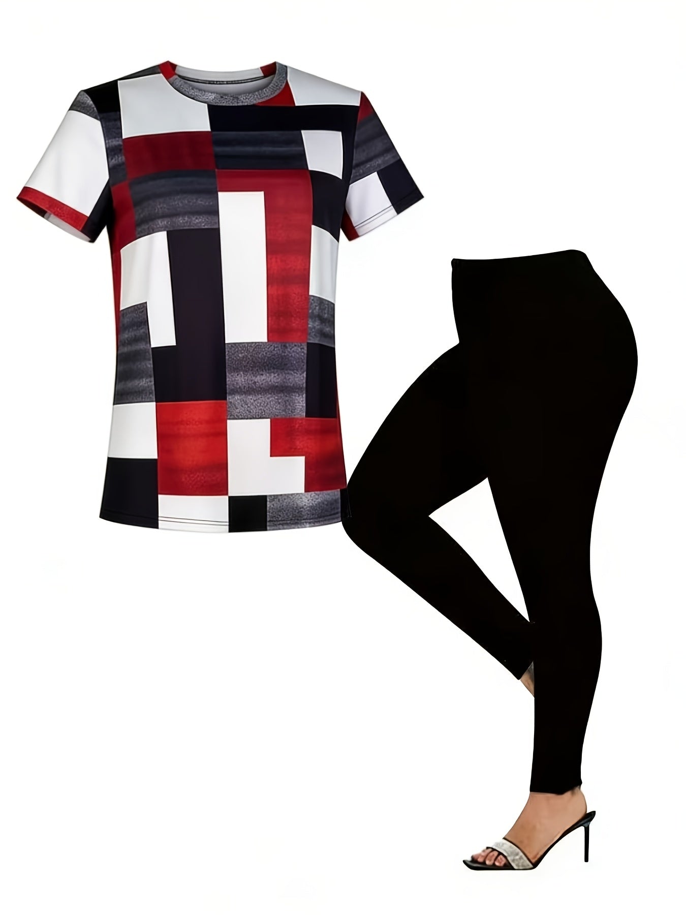 Women'S Casual Two-Piece Set: Short-Sleeved Top with Plaid Pattern And Printed Design, Round Neckline with Side Slits; Paired with Tight-Fitting Trousers, Making a Perfect Spring/Autumn Outfit