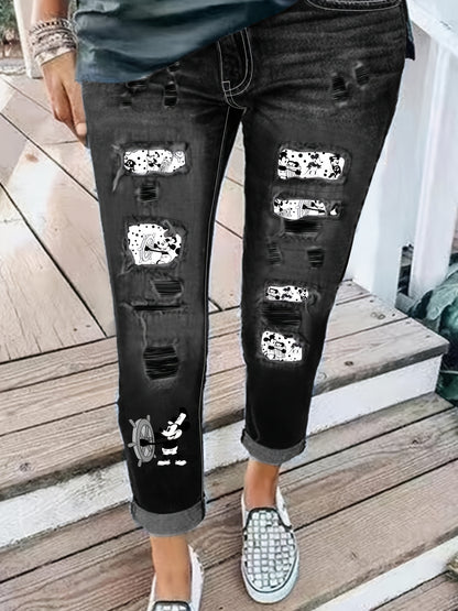 Plus Size Women's High-Waisted Distressed Washed Patchwork Jeans | Pink Leopard Print Patches & Rips | Slim Fit, Unique Fashion Design | Versatile for All Seasons