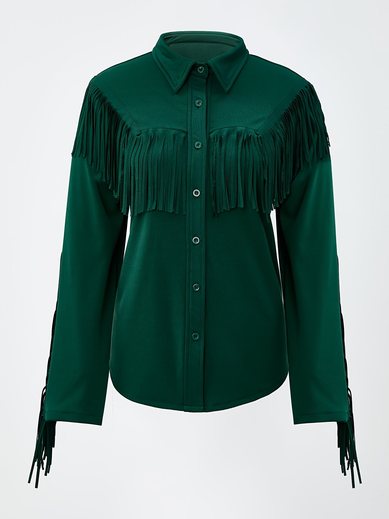 Women'S Vintage Minimalist Fringed Design Turn- Collar Buttoned Long-Sleeve Top Printed Design Not Textured
