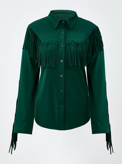 Women'S Vintage Minimalist Fringed Design Turn- Collar Buttoned Long-Sleeve Top Printed Design Not Textured