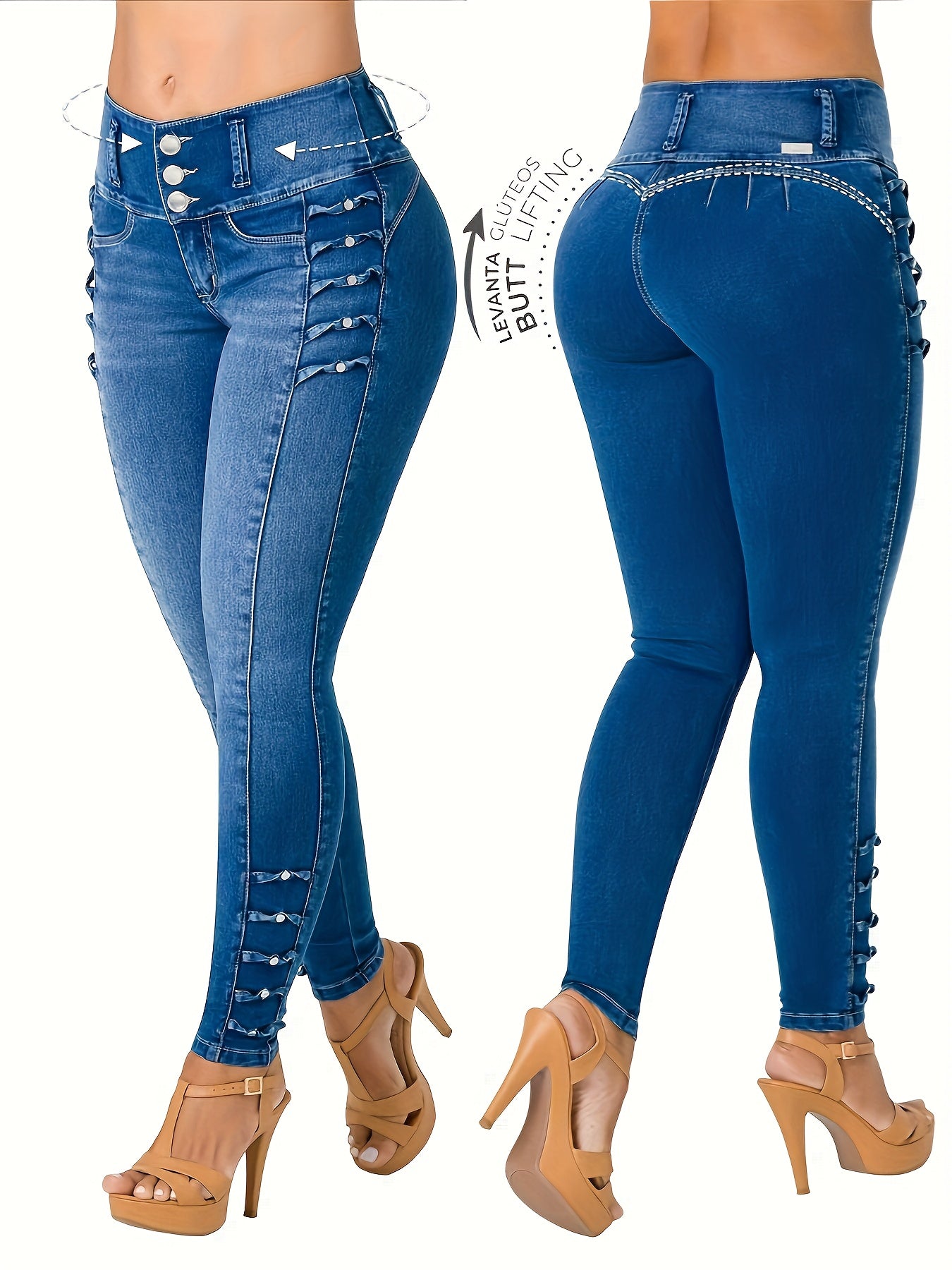 Casual Women'S Jeans with a Blue Wash, Featuring Front Buttons, Side Decorations, an Elastic Waist for a Lifting Effect, And a Snug Fit at The Ankles