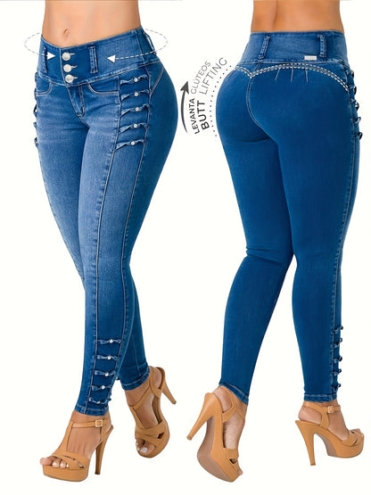 Casual Women'S Jeans with a Blue Wash, Featuring Front Buttons, Side Decorations, an Elastic Waist for a Lifting Effect, And a Snug Fit at The Ankles