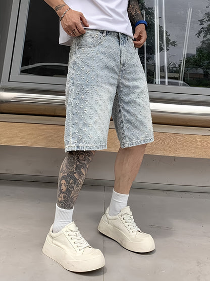 Men'S High-Street Fashion Distressed Knee-Length Denim Shorts - Relaxed Straight-Leg Fit with Geometric Embroidery, Machine Washable Summer Casual Shorts for Plus Size