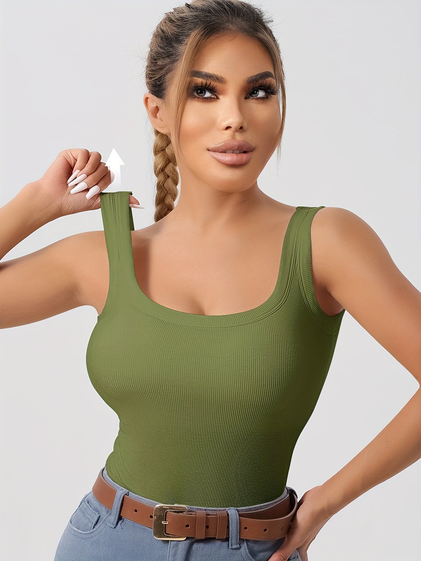 Big U Beauty 2-in-1 Backless Ribbed Base Vest with Built-In Pads & Coasters - High-Elasticity Striped Slim Fit Sleeveless Top for Plus Size Women, Casual Elegant Layering Essential