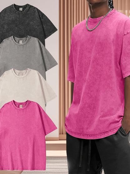4pcs Women's Heavyweight Vintage Washed Cotton T-Shirts- Loose Drop Shoulder Round Neck Style, Purple/Black/Pink/Blue, Soft Everyday S