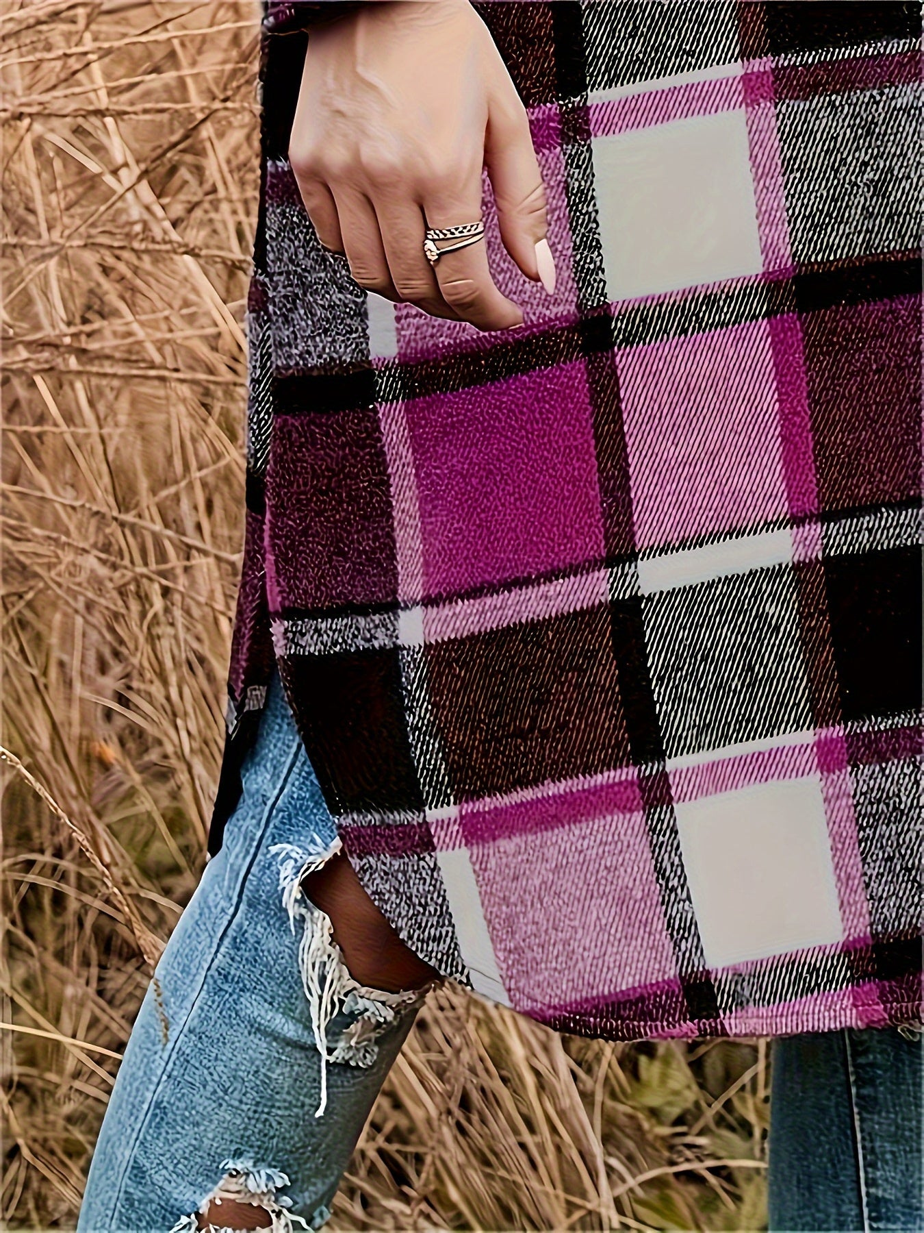 Autumn And Winter Long Trench Coat with Side Slits, Notch Collar, Casual And Comfortable, Tailored Fit, Women's Plaid Coat.